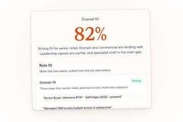 A CV fit score card showing an 82% match