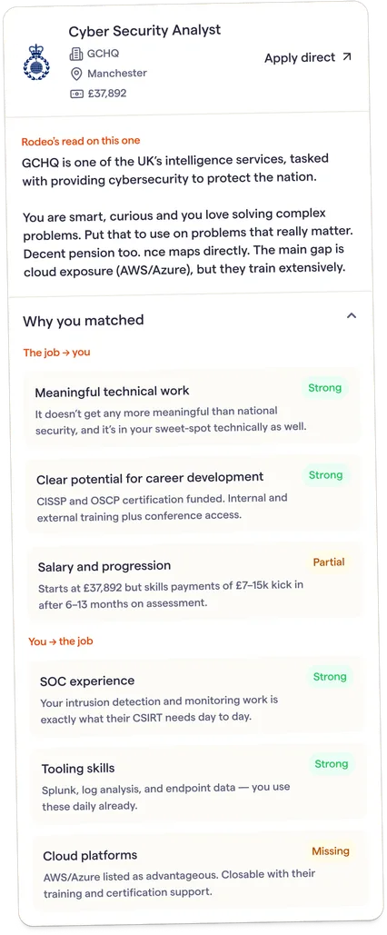 Rodeo job match card for a Cyber Security Analyst role, showing why it matched