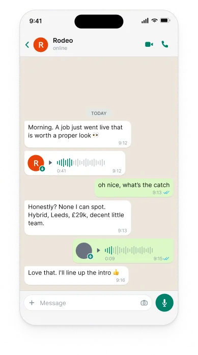 Rodeo agent sending job matches and voice notes in a WhatsApp chat